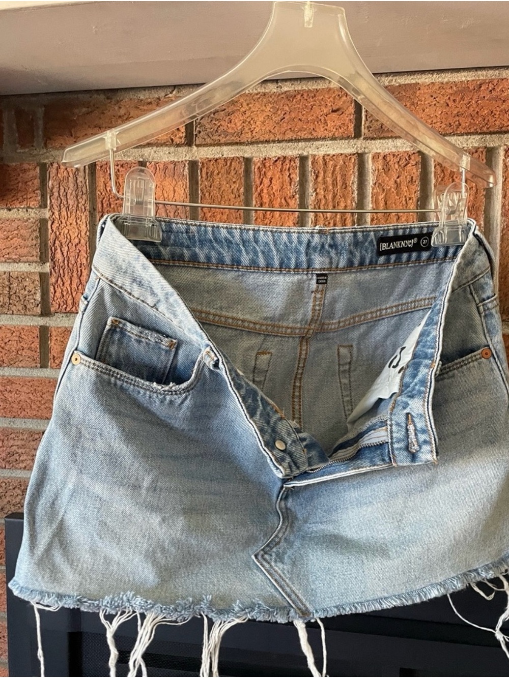 Blank NYC Light Wash Denim Mini Skirt with Frayed Hem